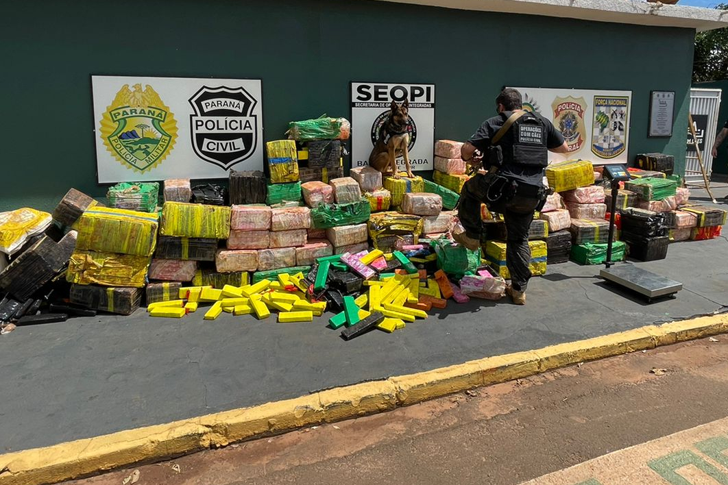 Policial civil e cão policial junto à droga apreendida