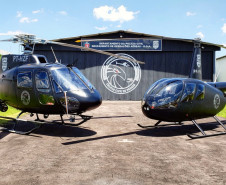 Dois helicópteros do GOA em frente a hangar