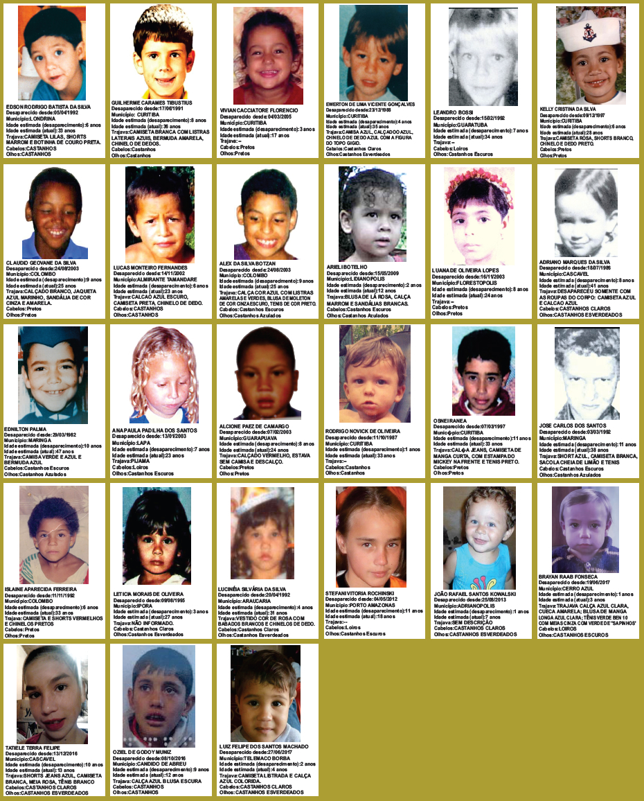Cartaz com fotos de 27 crianças desaparecidas