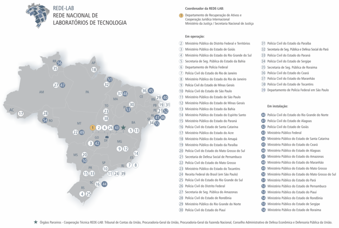 Mapa do Brasil marcando os laboratórios de tecnologia