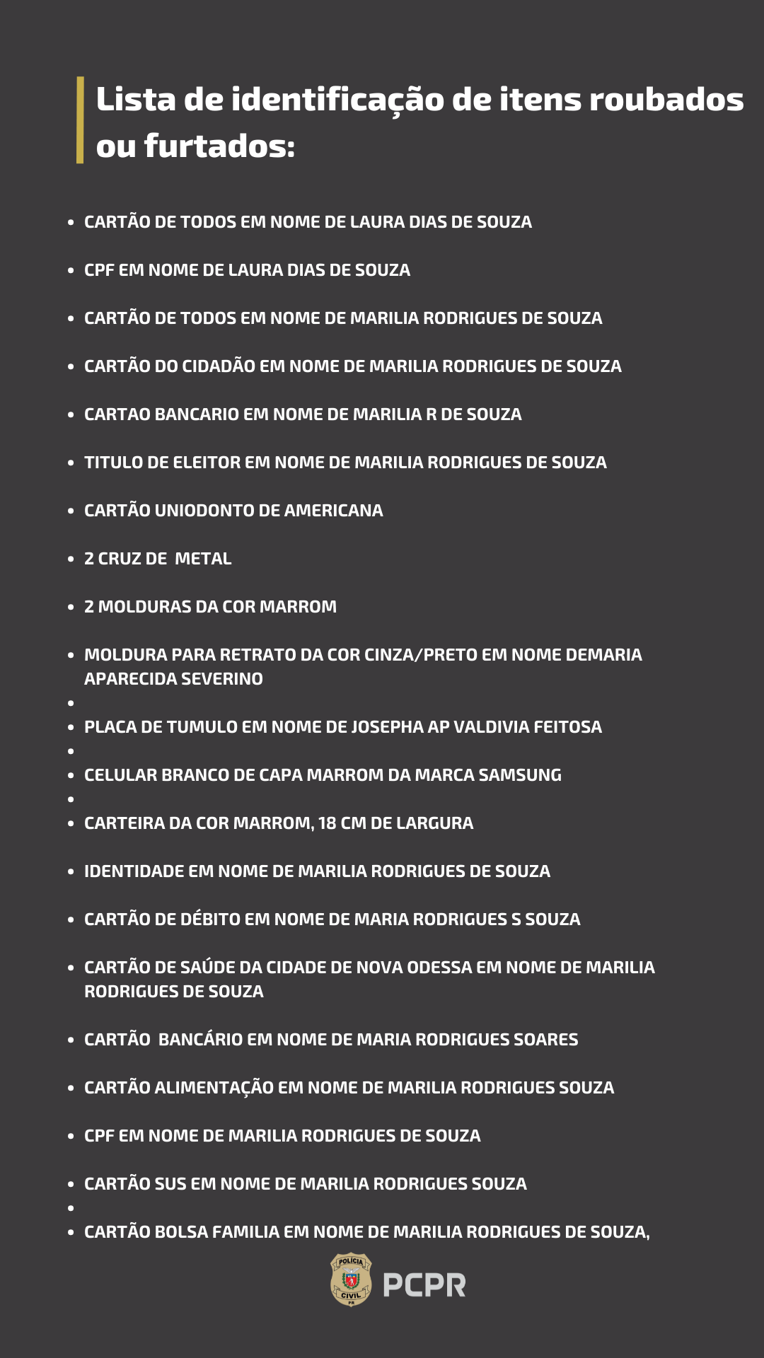 PCPR divulga lista de itens roubados ou furtados em Ivaiporã