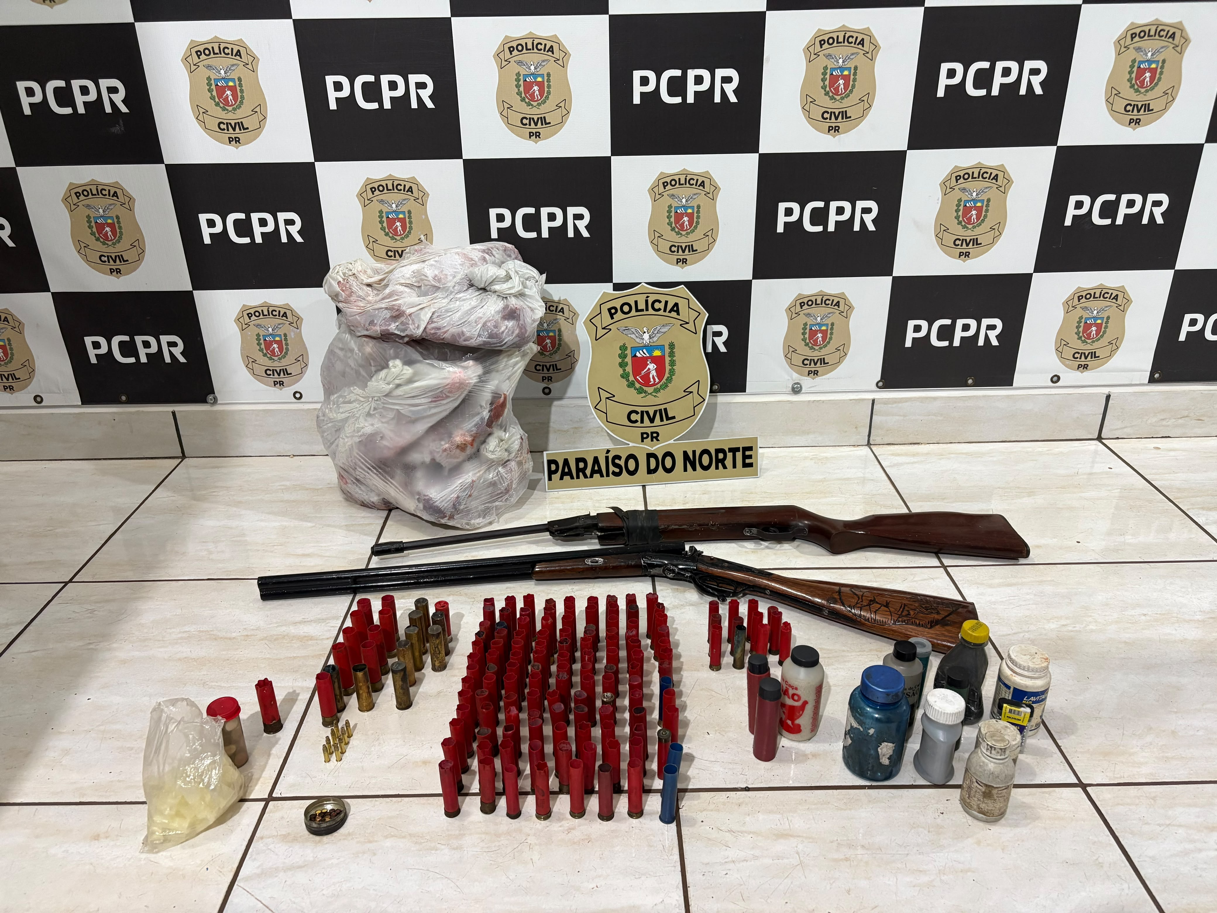 PCPR prende homem por posse irregular de arma de fogo e apreende mais de 17 quilos de carne de caça em Paraíso do Norte
