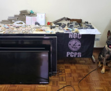 Cão farejador junto a drogas, armas, dinheiro e produtos apreendidos