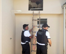 Policiais civis posiciando escada para averiguação de local alto.