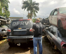 Policial civil ao lado de viatura, entre pilhas de carros desmanchados