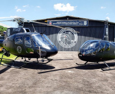 Dois helicópteros da polícia civil em frente ao hangar