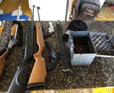 Sobre uma mesa, armas e munição apreendidas
