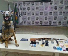 Cão farejador da polícia civil e objetos apreendidos, sobre uma mesa