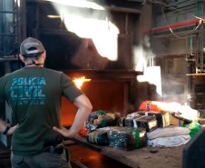 Policial civil observando pacotes de drogas sendo jogados no incinerador