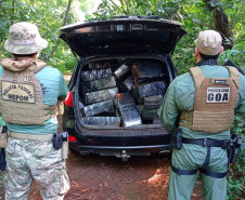 Policiais de costas ao lado de viatura