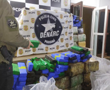 Tabletes de droga apreendidos organizados em pilhas