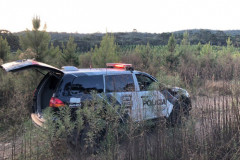 Viatura em estrada de terra, cercada por vegetação
