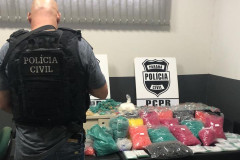 Policial civil ao lado de material apreendidos