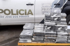 Tabletes de droga empilhados ao lado de uma viatura