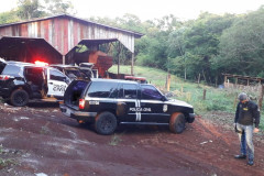 Policial civil olhando para baixo, ao lado de duas viaturas em área rural