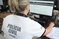 Policial civil de costas e sentada, ao computador