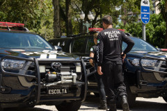 Dois policiais civis entre viaturas