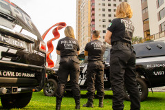 Três policiais civis entre viaturas