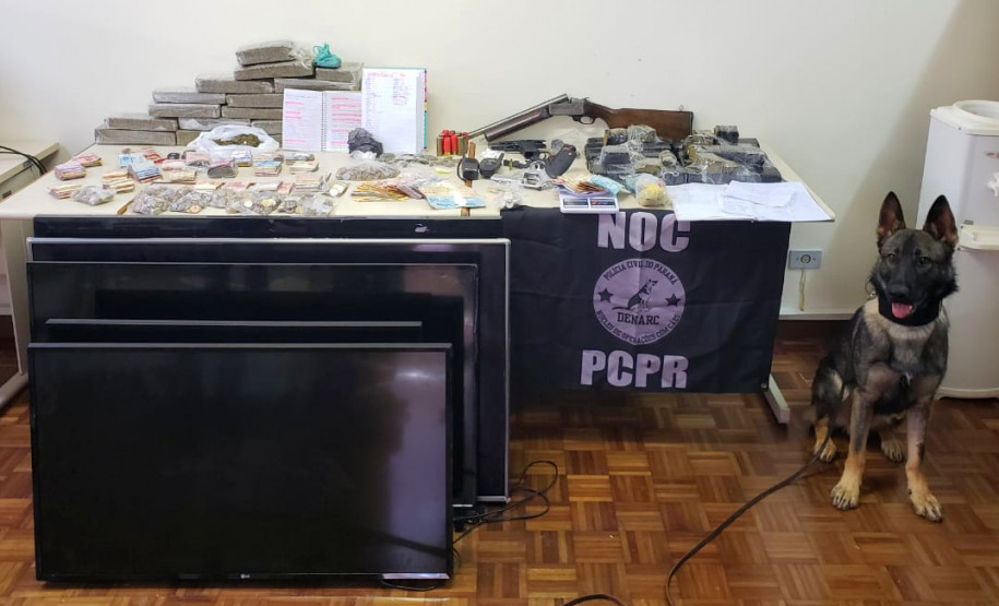Cão farejador junto a drogas, armas, dinheiro e produtos apreendidos