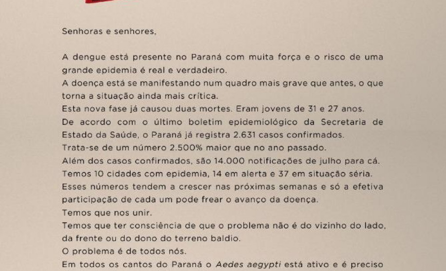 Mensagem sobre a dengue