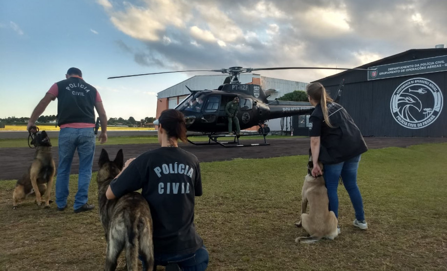 Policiais civis e cães policiais em treinamento com aeronave