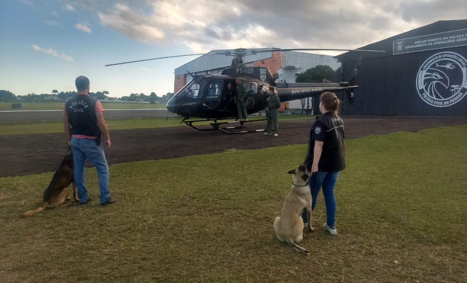 Policiais civis e cães policiais em treinamento com aeronave