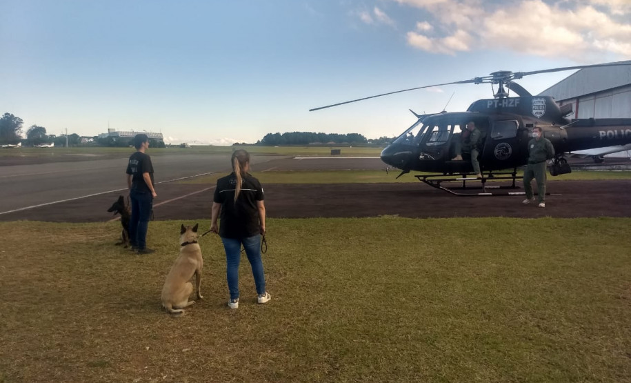 Policiais civis e cães policiais em treinamento com aeronave