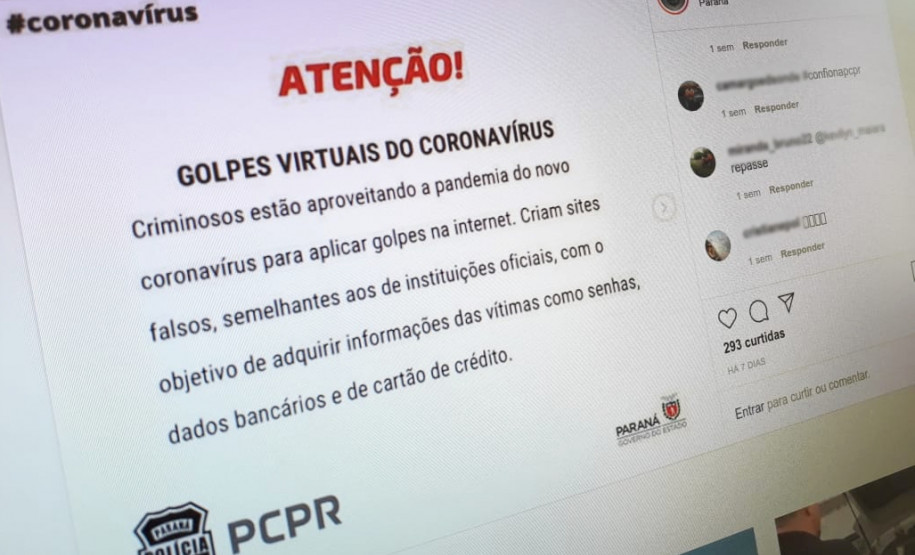 Foto de tela com texto sobre golpe virtual