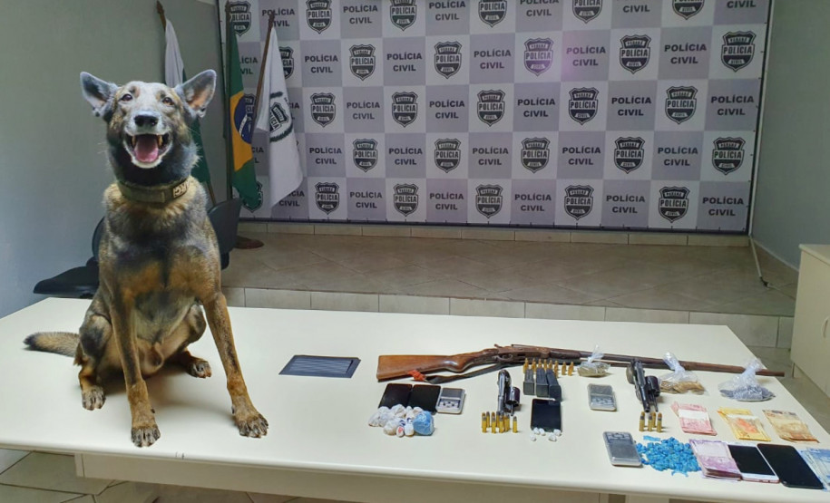 Cão farejador da polícia civil e objetos apreendidos, sobre uma mesa