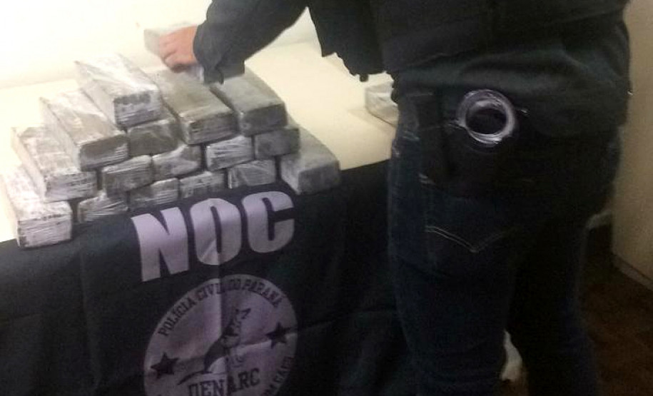 Policial civil organizando tabletes de droga apreendida