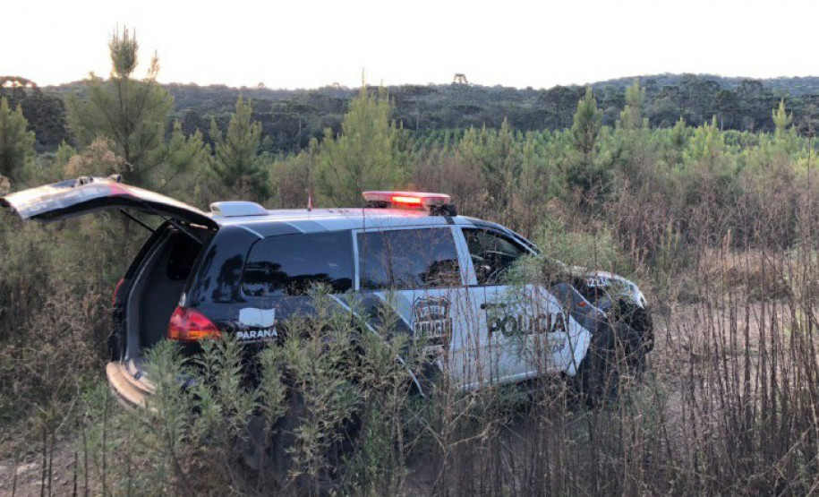 Viatura em estrada de terra, cercada por vegetação