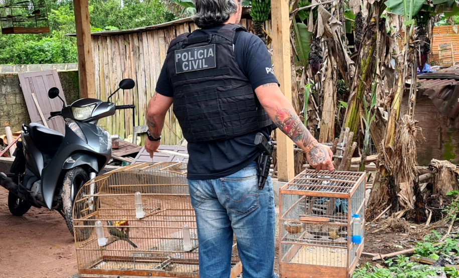 Policial civil segurando duas gaiolas com passaros