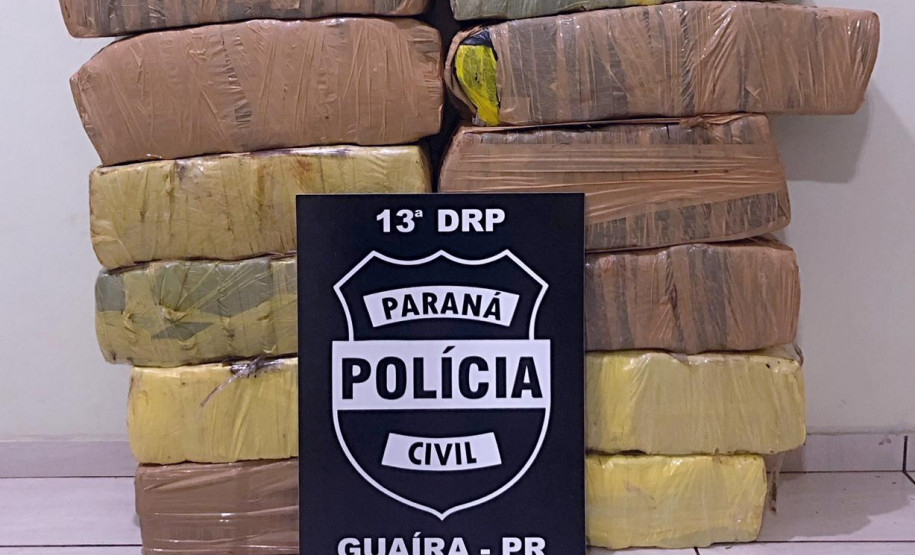 Tabletes de droga empilhados. Na frente, placa com logo da polícia civil.