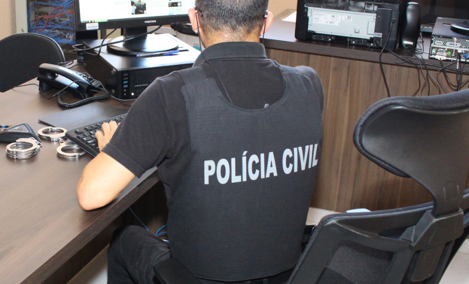 Policial civil de costas, ao computador
