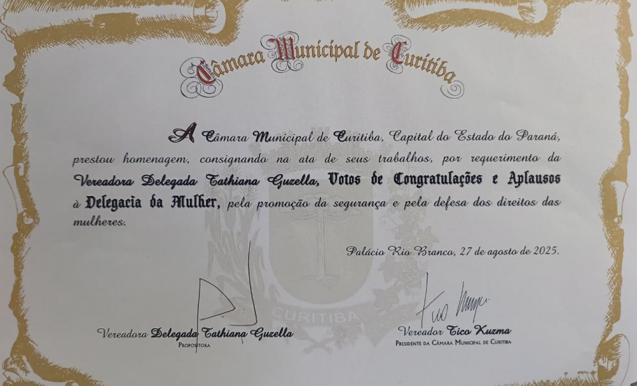 PCPR é homenageada na Câmara Municipal pelo trabalho da Delegacia da Mulher de Curitiba